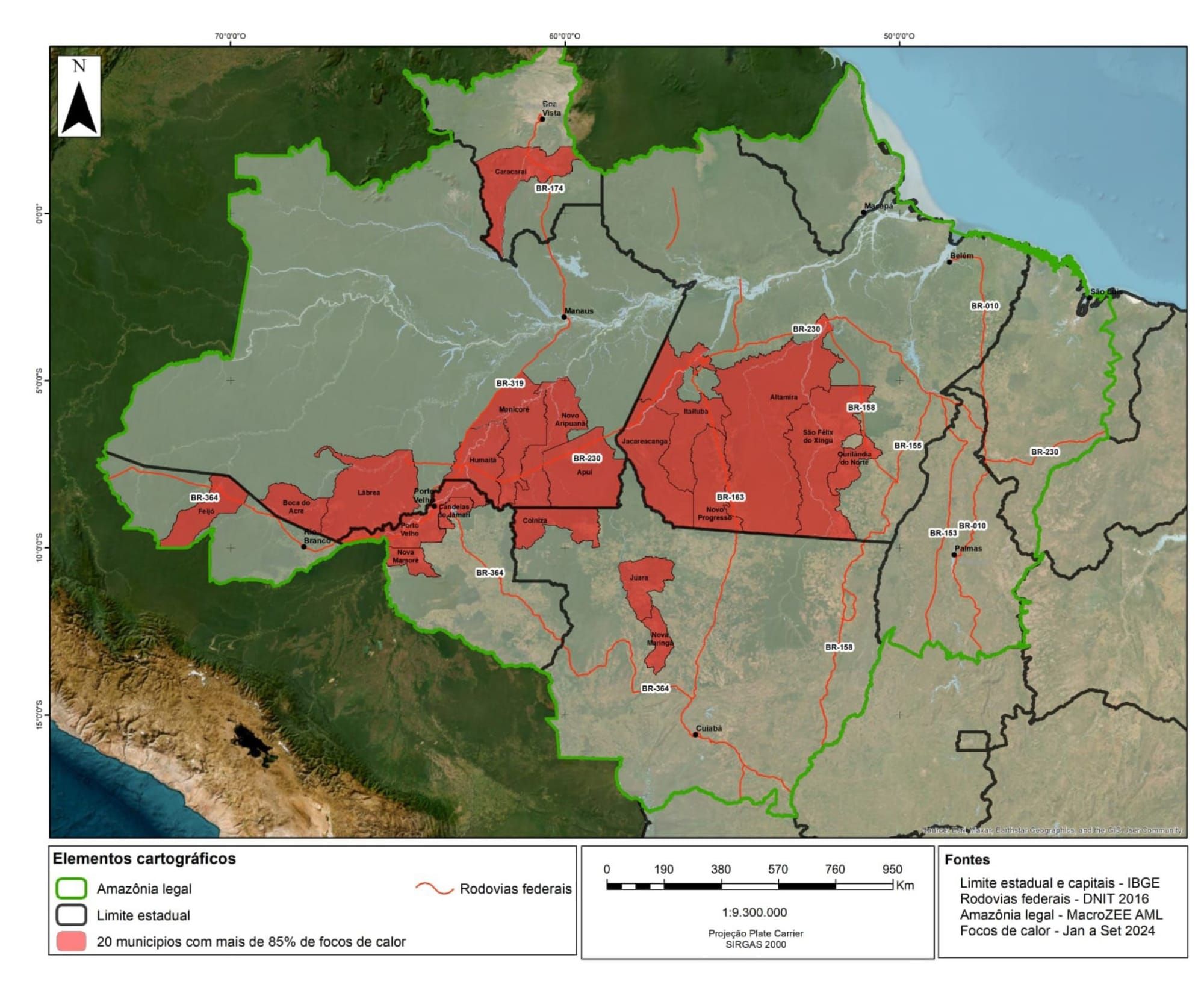 Mapa que mostra regiões do norte onde mais existe incidência de incêndios.