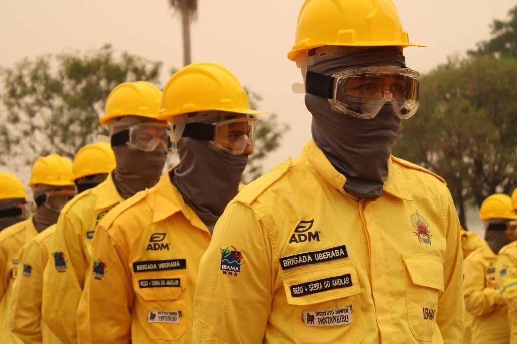 Brigadistas indígenas de uniformes amarelos, óculos e capacetes de segurança.