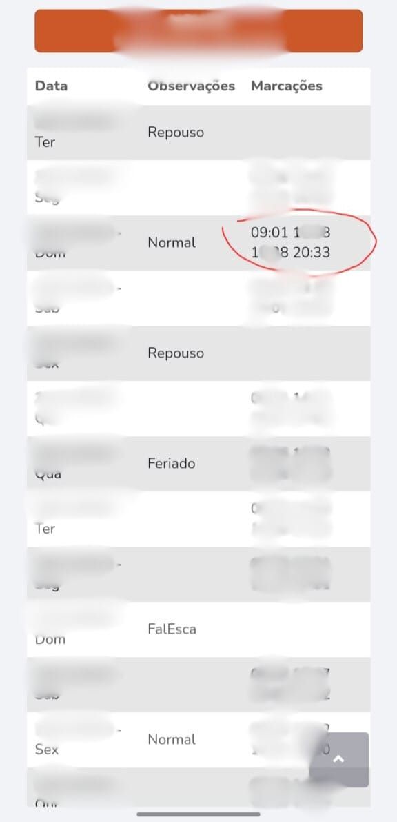 Print de celular mostrando entrada às 9:01 e saída às 20:33