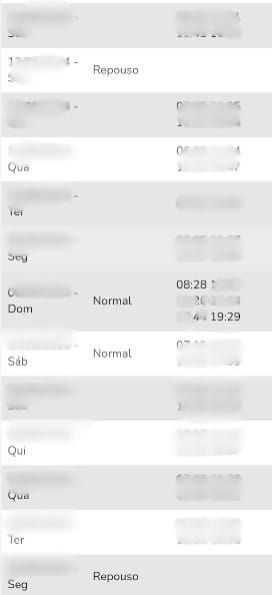 Print de celular mostrando entrada às 8:28 e saída às 19:29